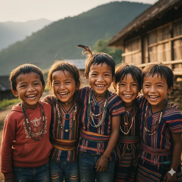 Smiling Mishmi children in traditional dress